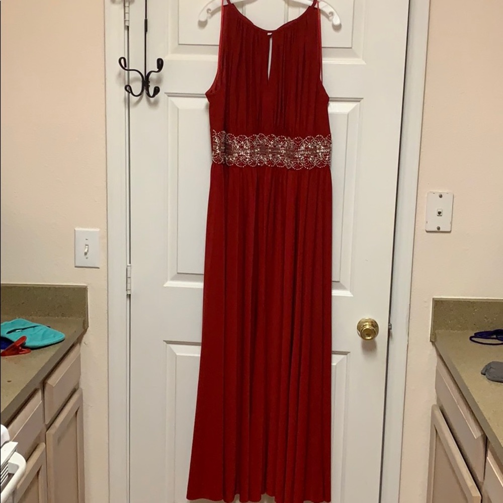 Red formal dress with beaded empire waist
